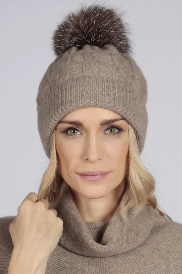 Camel Brown pure cashmere fur pom pom cable knit beanie hat