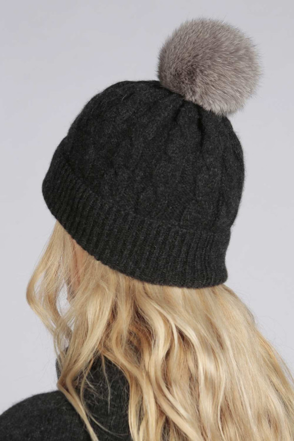 Charcoal Grey pure cashmere fur pom pom cable knit beanie hat