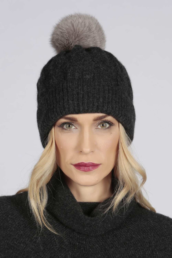 Reine Kaschmir Pelz Bommel Zopfstrick Beanie Mütze in anthrazitgrau