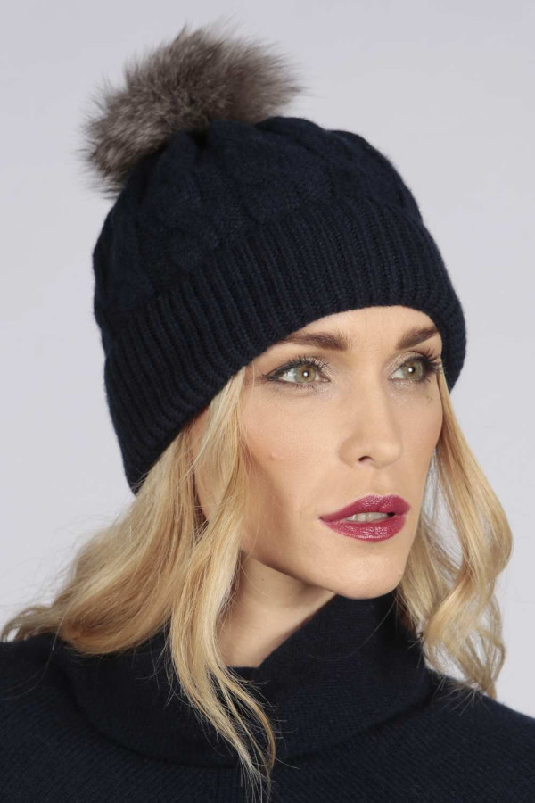Charcoal Grey Pure Cashmere Fur Pom Pom Cable Knit Beanie Hat