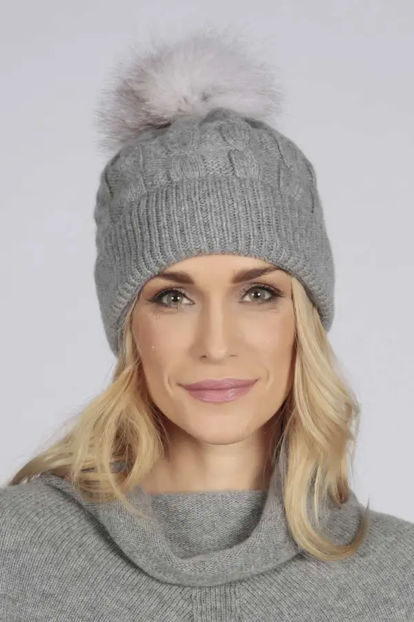 Light Grey pure cashmere fur pom pom cable knit beanie hat