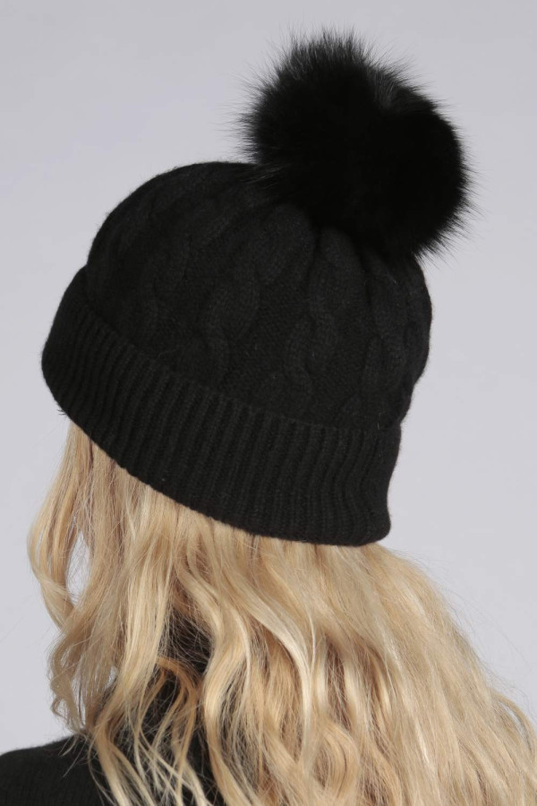 Cappello con pon pon vera pelliccia Nero 100% cashmere
