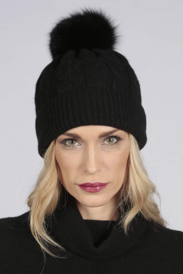 Bonnet pompon en fourrure en tricot torsadé pur cachemire en noir