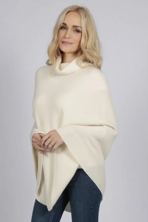 Cream White pure cashmere roll neck poncho cape