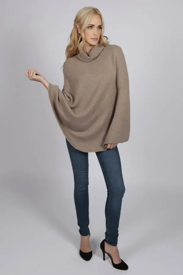 Camel Brown pure cashmere roll neck poncho cape