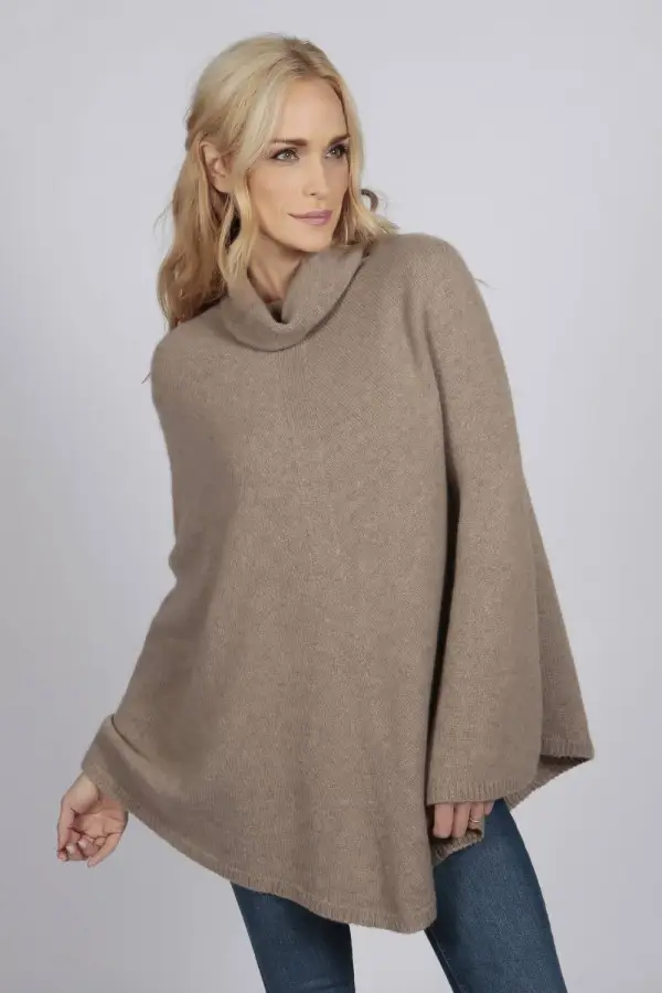 Camel Brown pure cashmere roll neck poncho cape