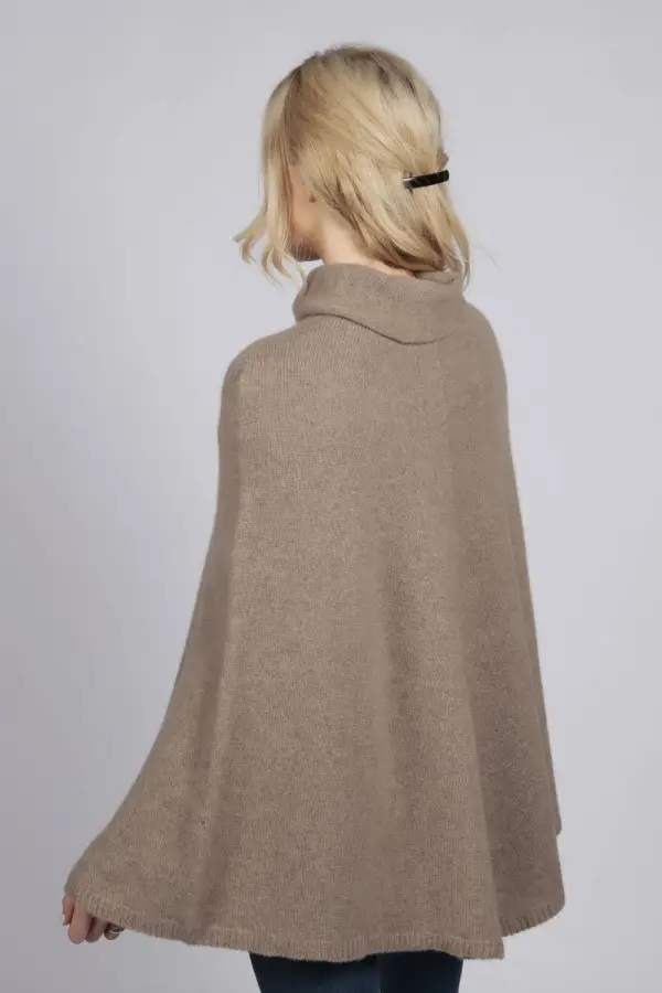 Camel Brown pure cashmere roll neck poncho cape