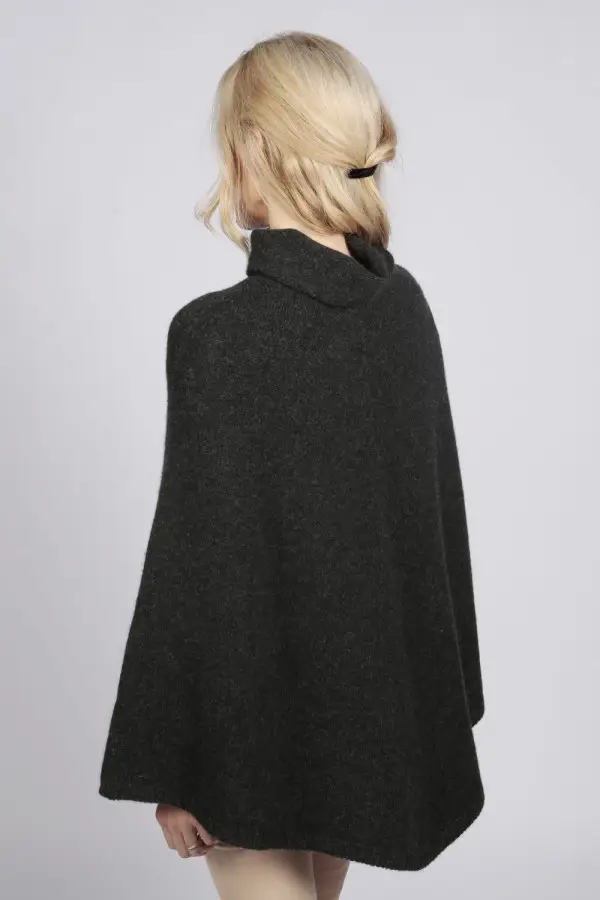 Poncho cape à col roulé 100% cachemire en gris charbon