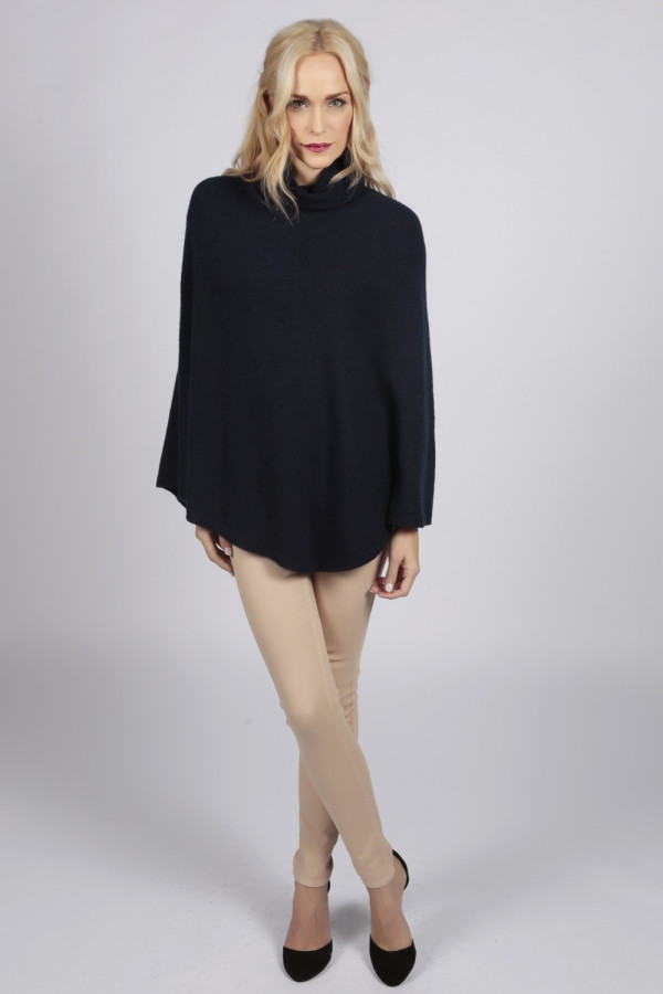 Blue navy pure cashmere roll neck poncho cape