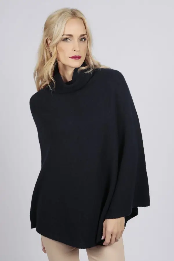 Blue navy pure cashmere roll neck poncho cape