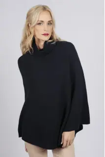 Mantella poncho collo alto Blu navy 100% cashmere