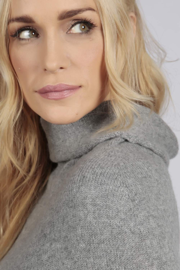 Light Grey pure cashmere roll neck poncho cape
