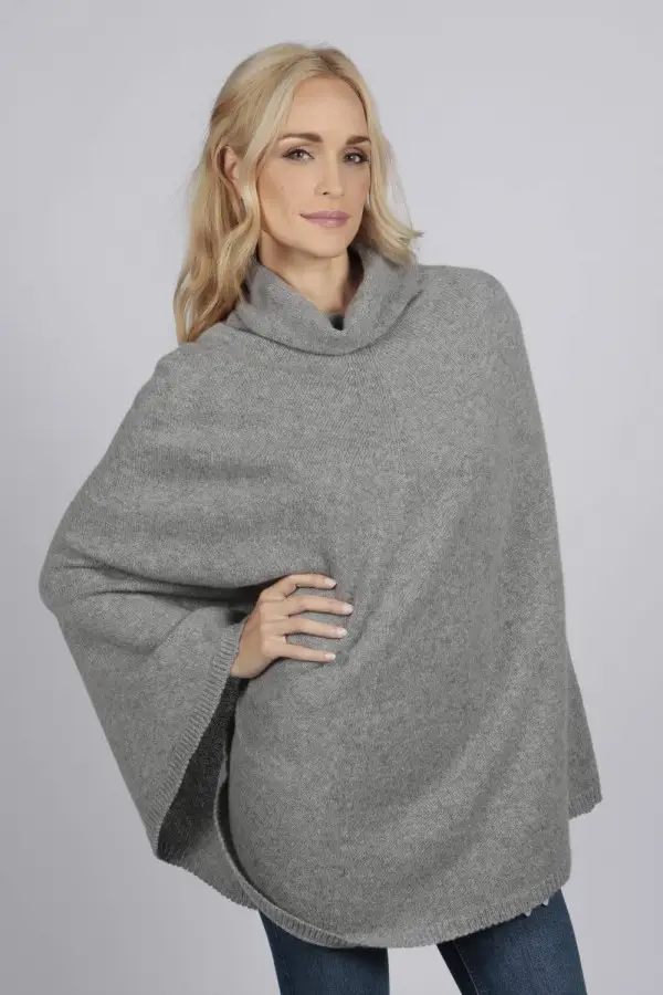 Light gray pure cashmere roll neck poncho cape