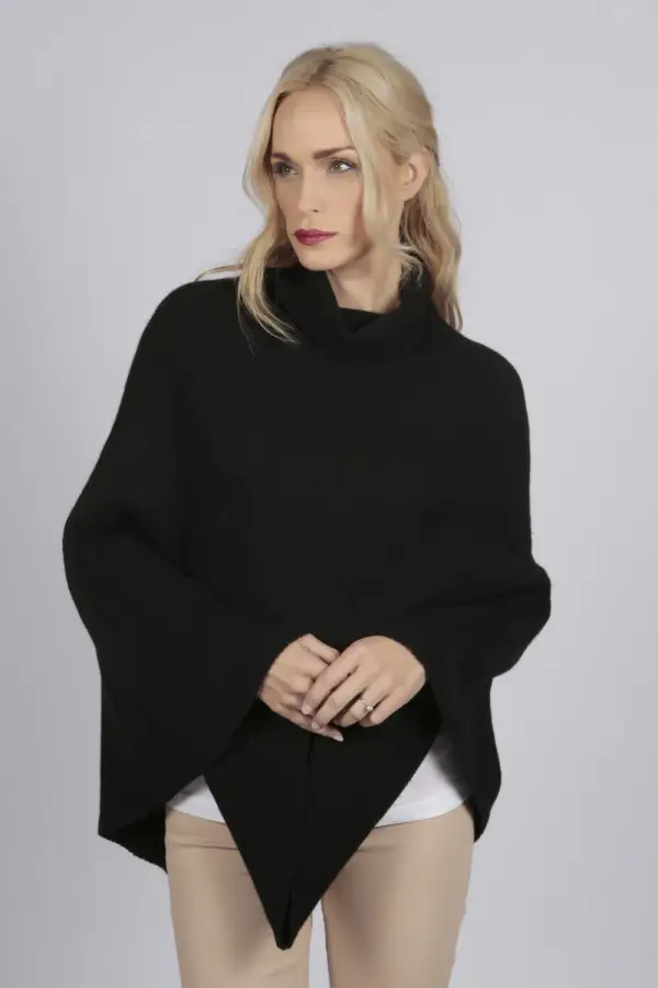 Reiner Kaschmir Rollkragen Poncho Umhang in schwarz