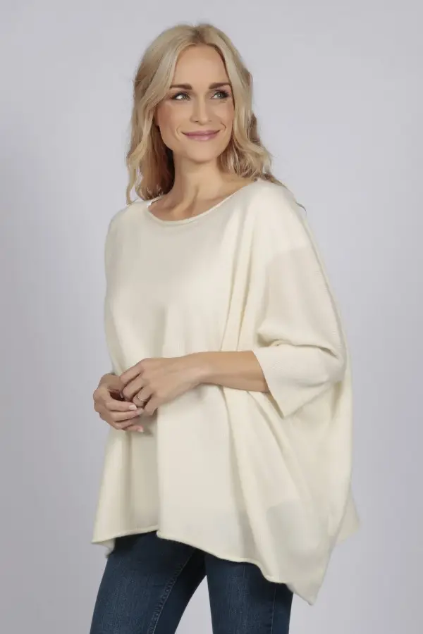 Cream White pure cashmere short sleeve oversized batwing sweater 