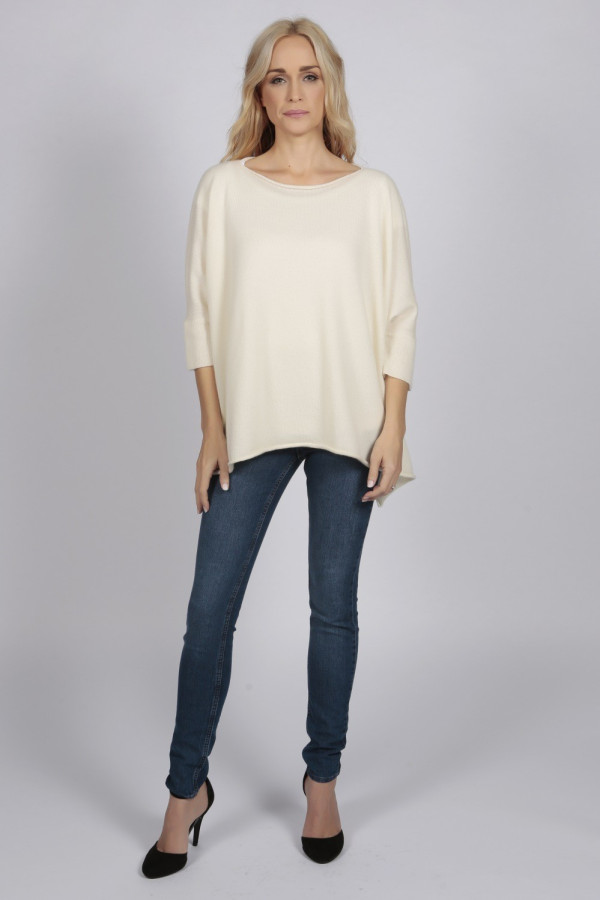 Cream White pure cashmere short sleeve oversized batwing sweater 