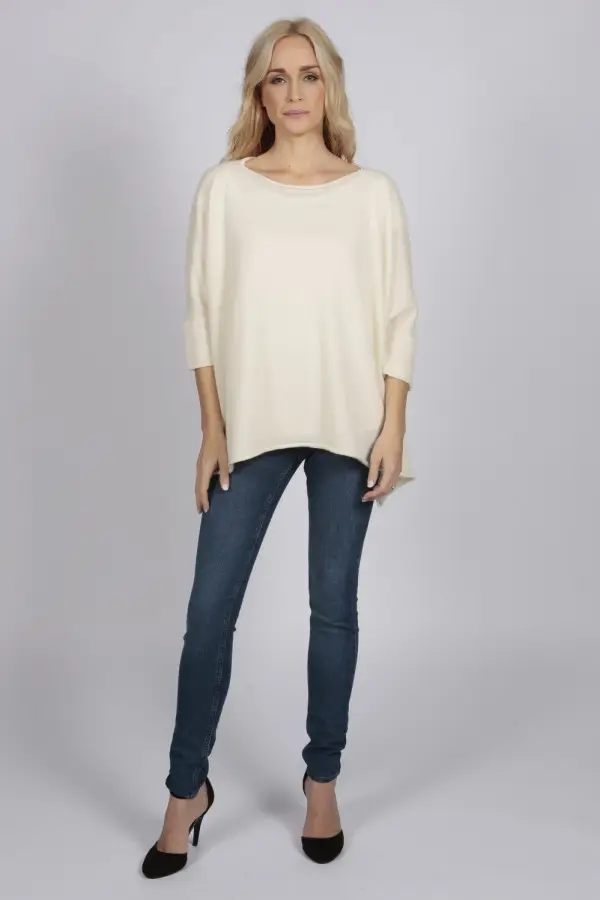 Cream White pure cashmere short sleeve oversized batwing sweater 