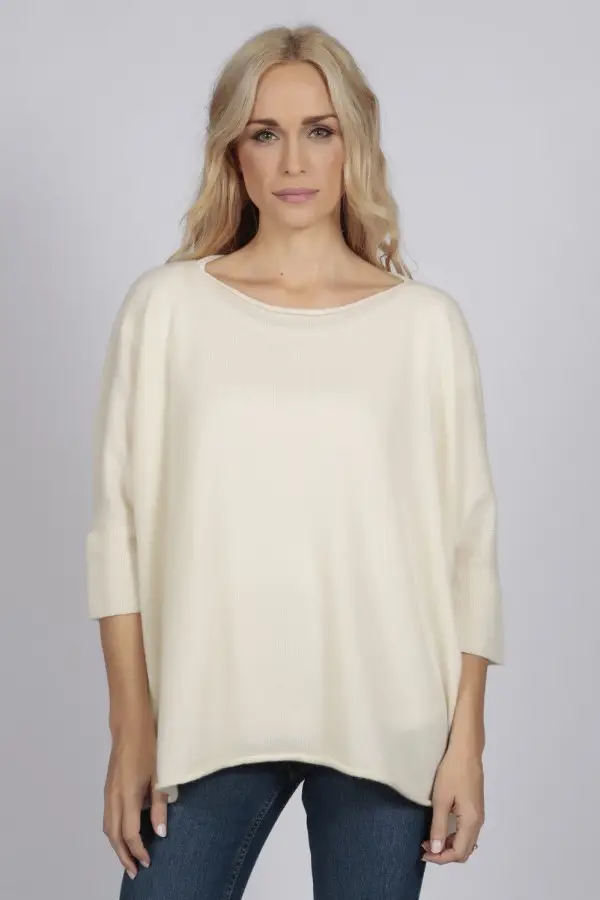 Chandail batwing à manches courtes surdimensionné pur cachemire en crème blanc