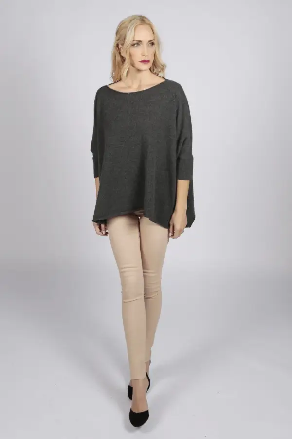 Reiner Kaschmir Kurzärmeliger Überdimensionierter Fledermauspullover in anthrazitgrau