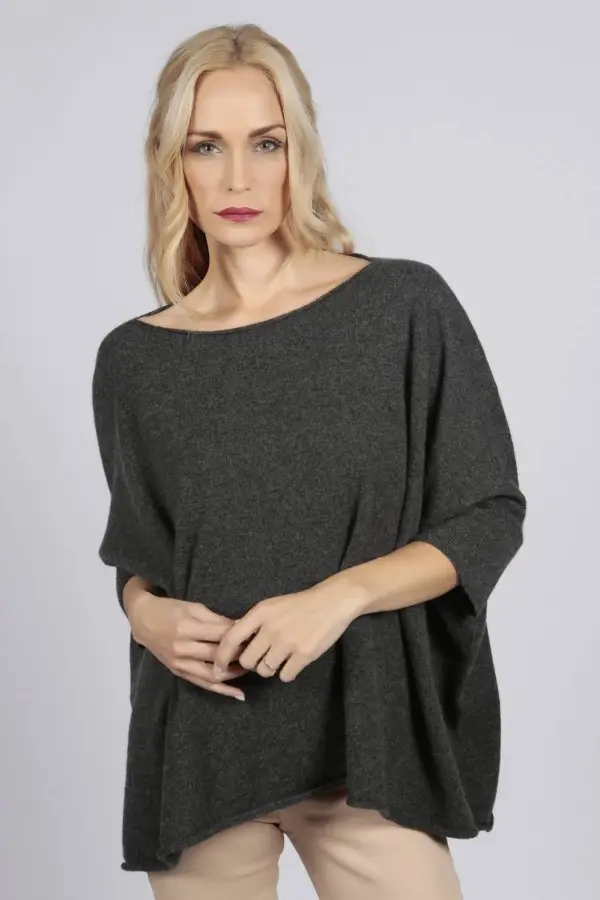 Charcoal Grey pure cashmere short sleeve oversized batwing sweater