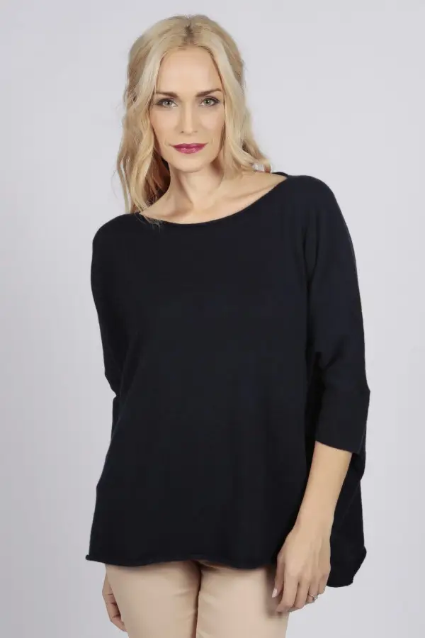 Navy Blue pure cashmere short sleeve oversized batwing sweater