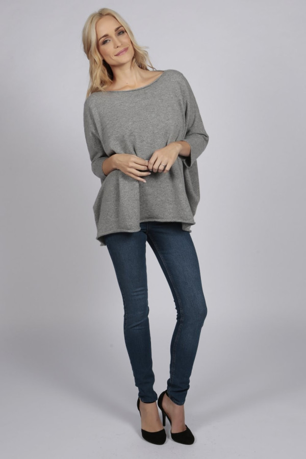 Chandail batwing à manches courtes surdimensionné pur cachemire en gris clair