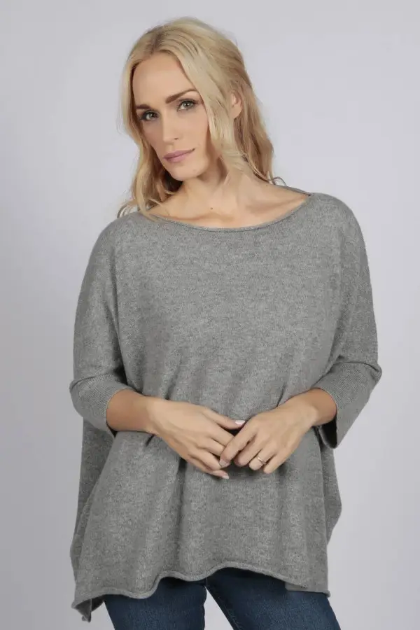 Chandail batwing à manches courtes surdimensionné pur cachemire en gris clair