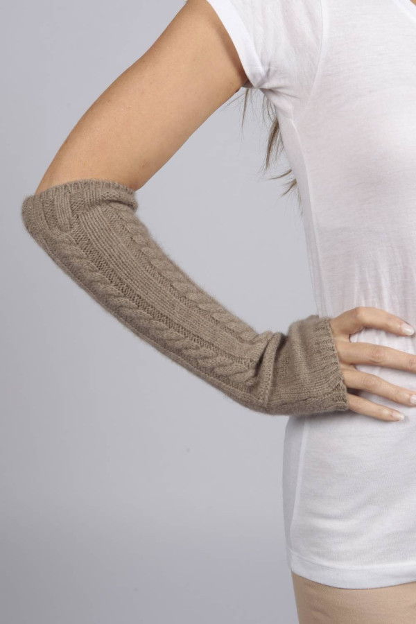 Camel Brown cashmere cable knit wrist warmers gloves