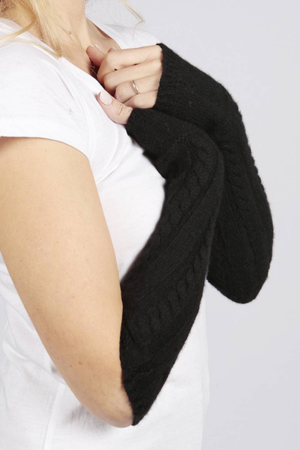 Black pure cashmere cable knit wrist warmers gloves