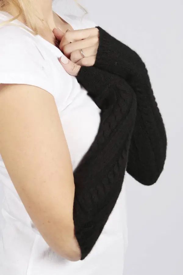 Reine Kaschmir Zopfstrick Pulswärmer Handschuhe in schwarz