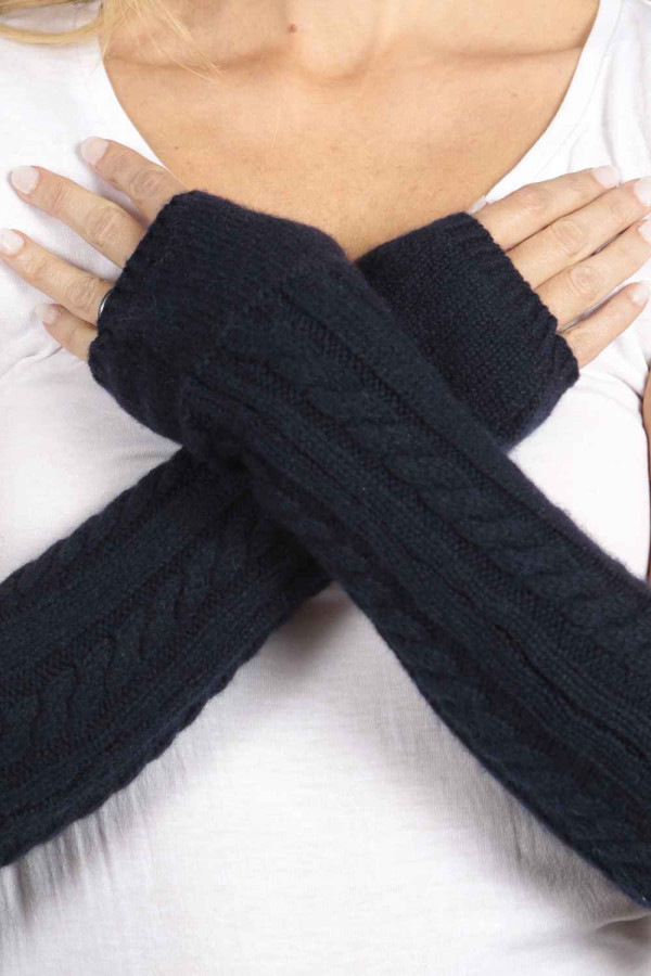 Navy Blue pure cashmere cable knit wrist warmers gloves