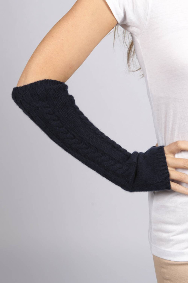 Reine Kaschmir Zopfstrick Pulswärmer Handschuhe in navy blau