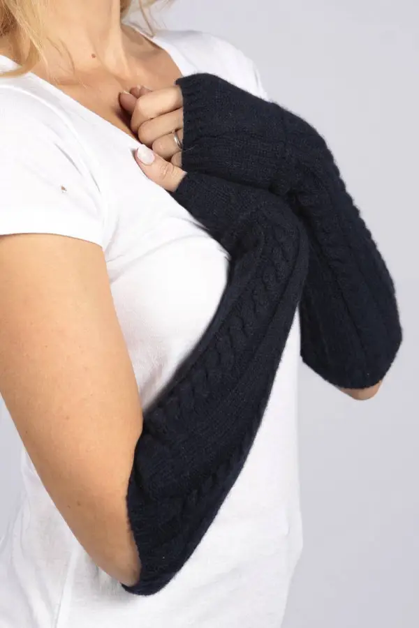 Navy Blue pure cashmere cable knit wrist warmers gloves