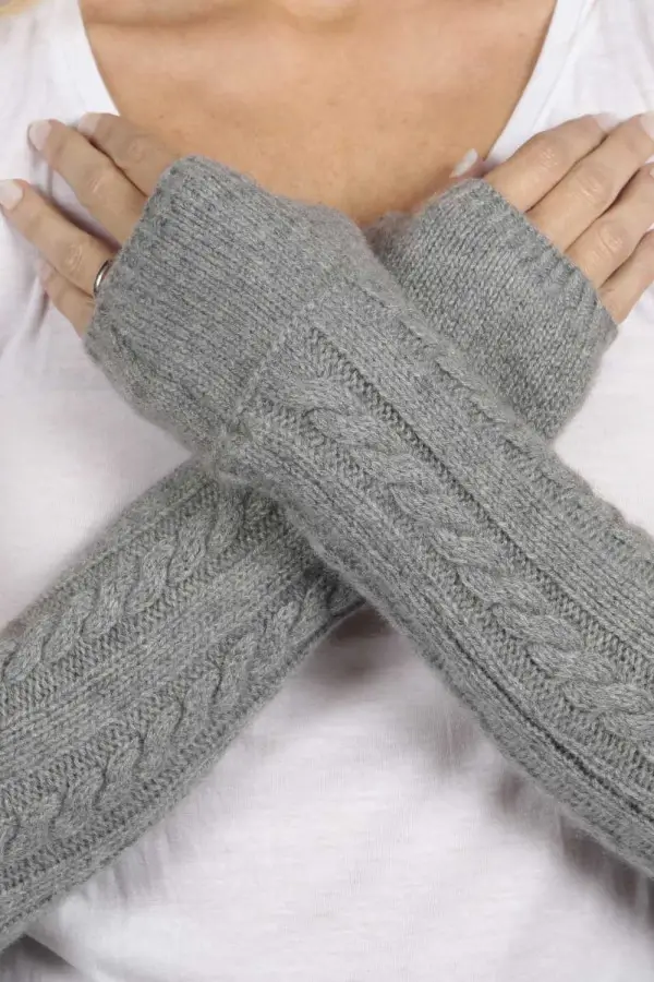 Reine Kaschmir Zopfstrick Pulswärmer Handschuhe in hellgrau