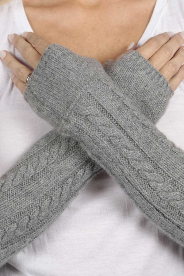 Light Grey pure cashmere cable knit wrist warmers gloves Italy in