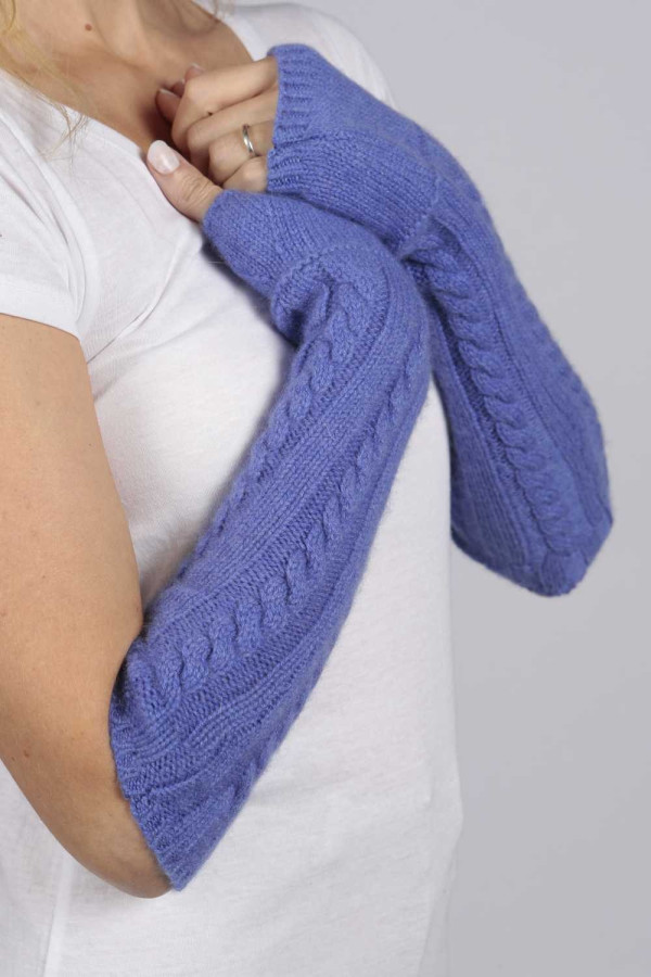 Periwinkle blue pure cashmere cable knit wrist warmers gloves