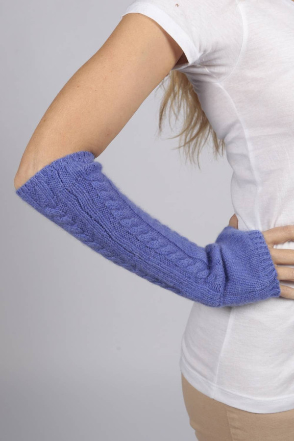 Periwinkle blue pure cashmere cable knit wrist warmers gloves