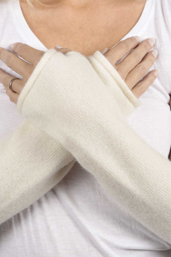 Cream White pure cashmere fingerless long wrist warmer gloves