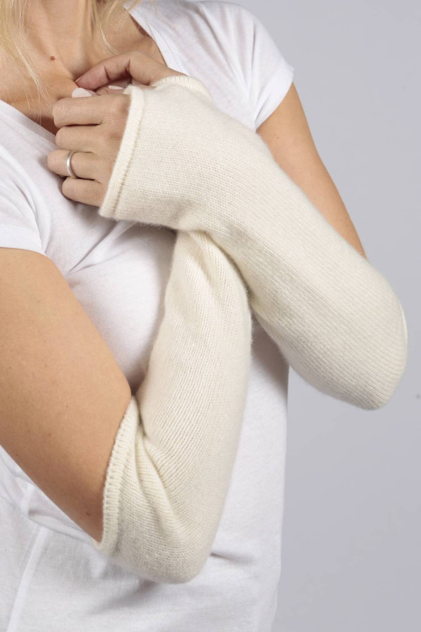 Cream White pure cashmere fingerless long wrist warmer gloves