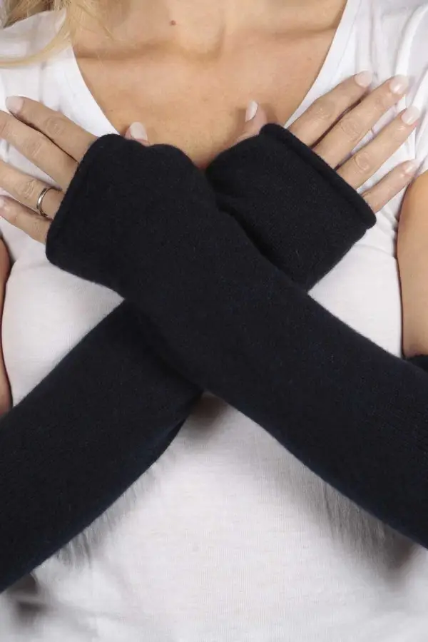Manicotto guanto lungo maglia rasata Blu navy 100% cashmere