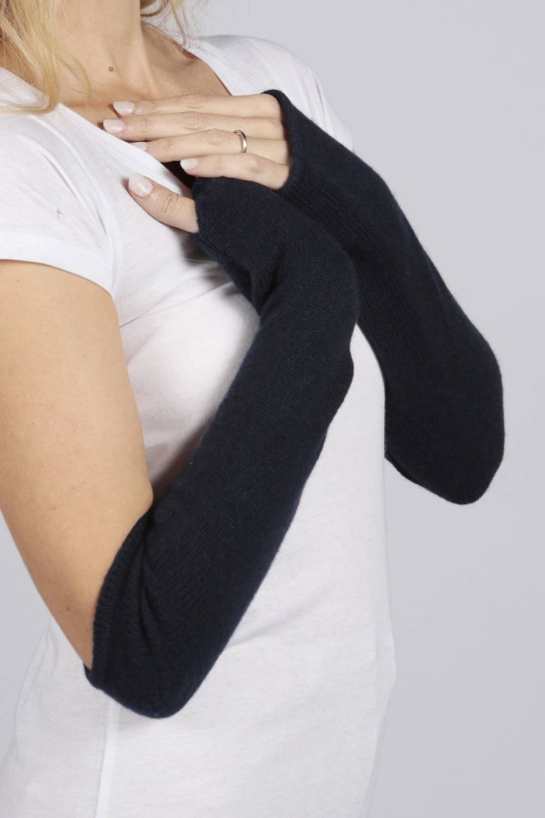 Reine Kaschmir Fingerlose Lange Armstulpen in navy blau