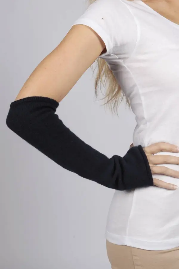 Manicotto guanto lungo maglia rasata Blu navy 100% cashmere