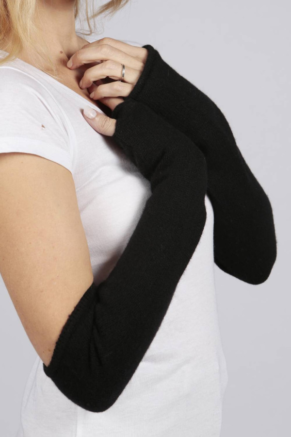 Longs gants / chauffe-poignet sans doigts pur cachemire en noir