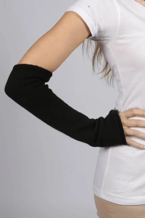 Longs gants / chauffe-poignet sans doigts pur cachemire en noir