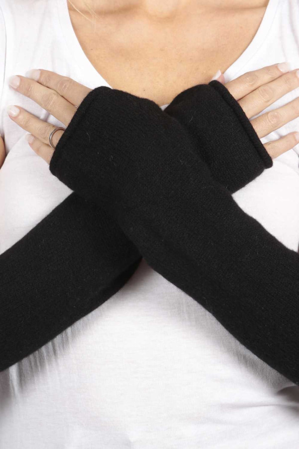 Manicotto guanto lungo maglia rasata Nero 100% cashmere