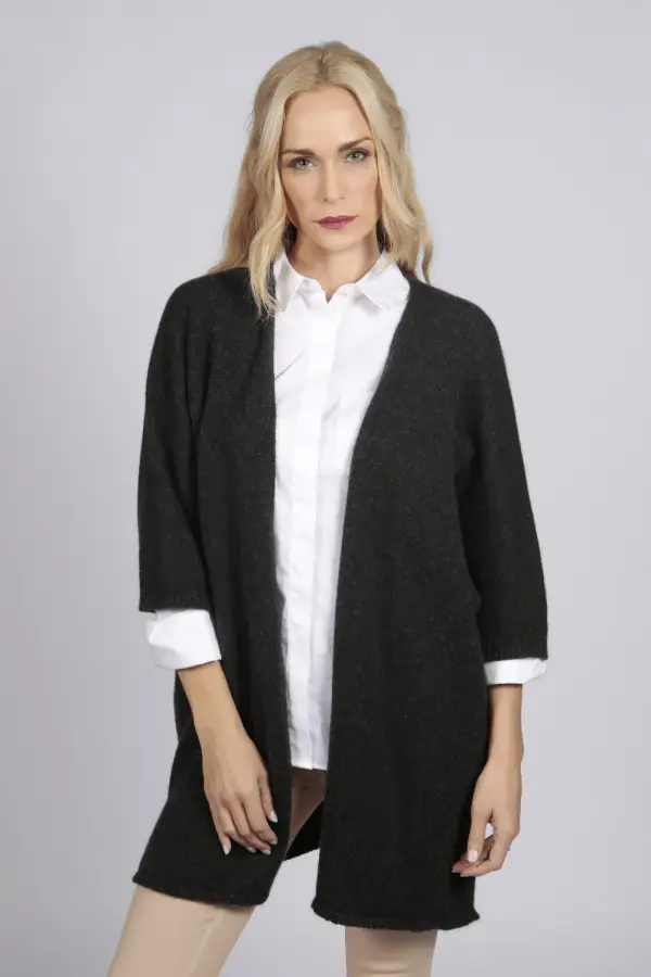 Chaqueta larga de punto gris carbón 100% cachemira