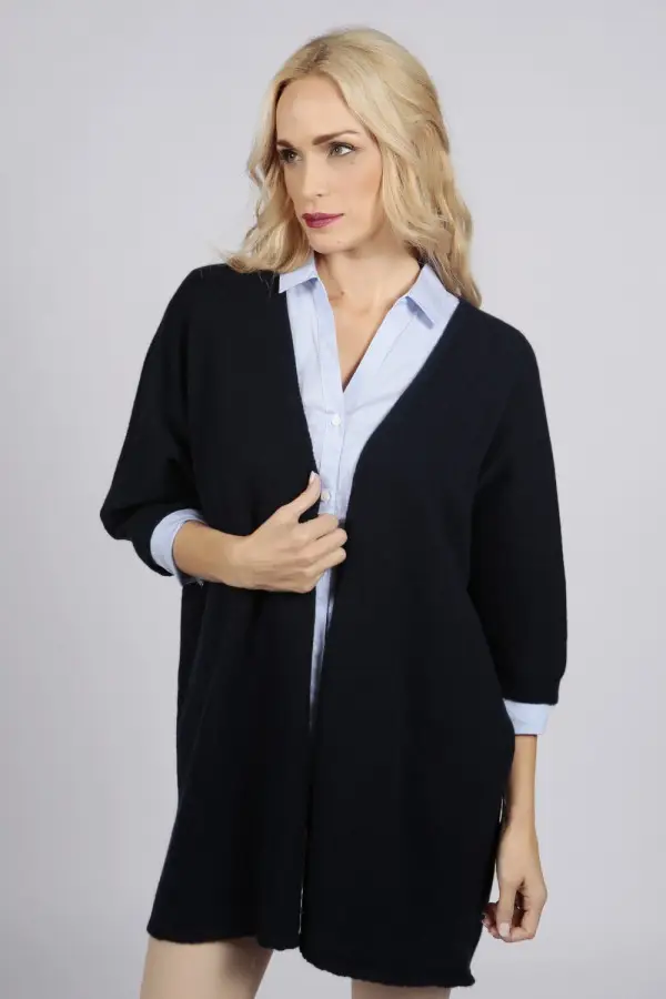 Chaqueta larga de punto azul marino 100% cachemira