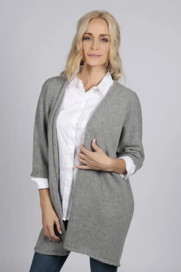 Chaqueta larga de punto gris claro 100% cachemira