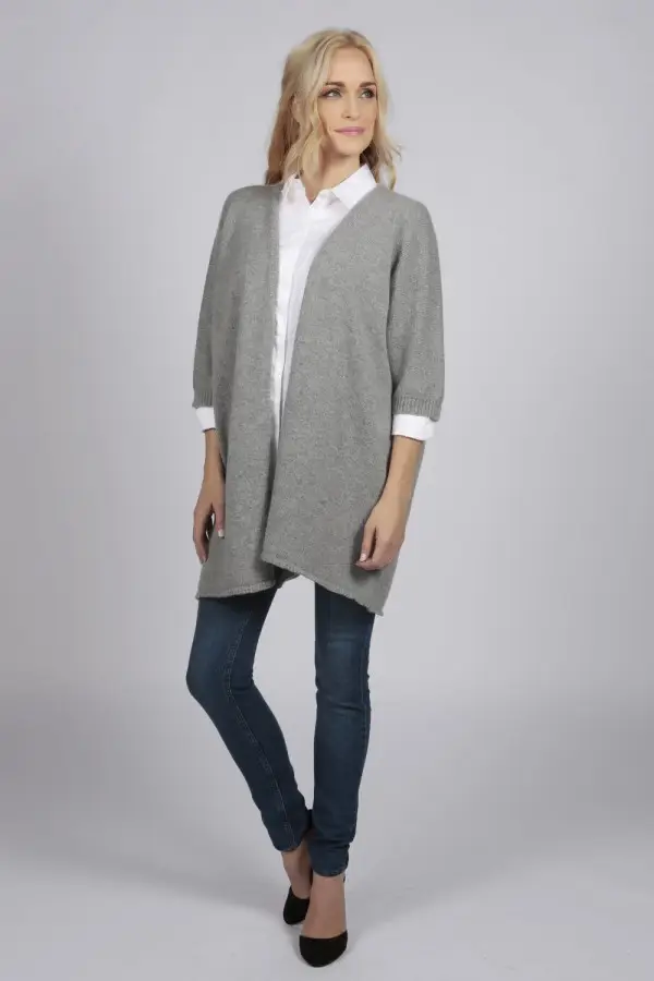 Chaqueta larga de punto gris claro 100% cachemira