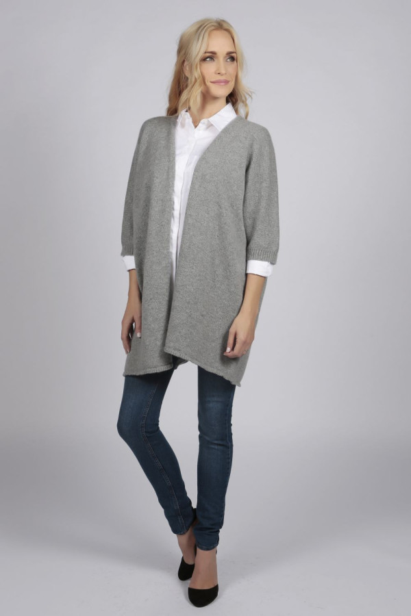 Chaqueta larga de punto gris claro 100% cachemira